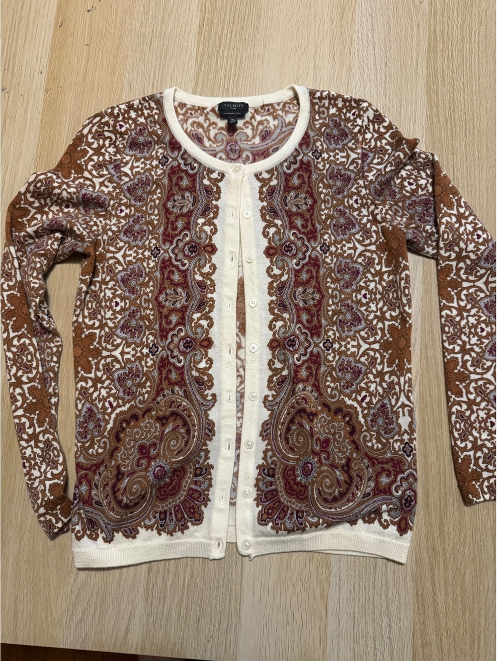 Talbots Petite 100% Merino Wool Paisley Button-Front Cardigan Sweater Size SP